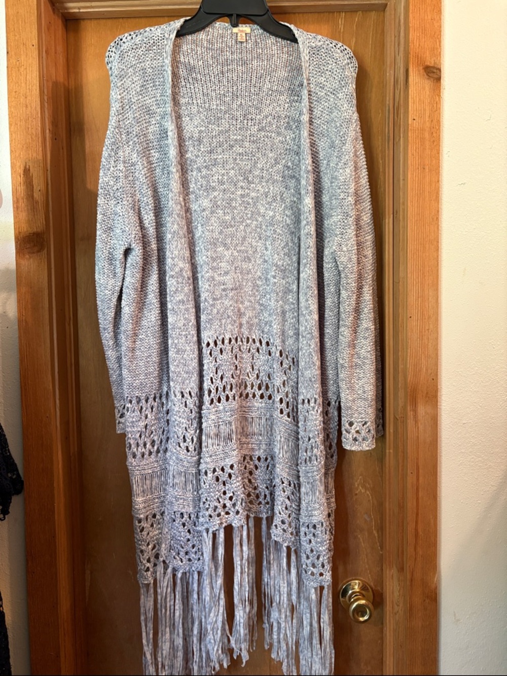 Reba Light Gray Open Crochet Fringe Cardigan